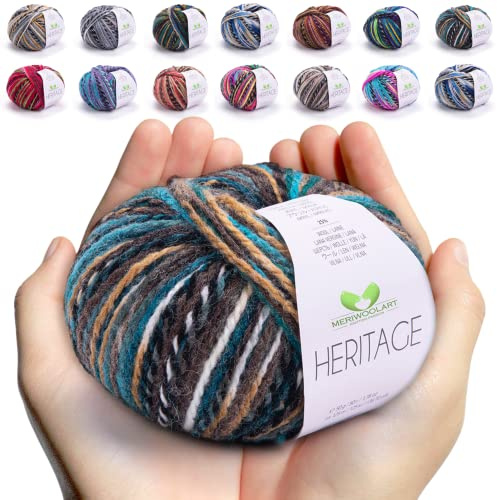 MeriWoolArt Merino Wolle zum Stricken und Häkeln – 125 m Mehrfarbige Dicke Weiche Merinowolle garn für Pullover Jacken – DIY Acryl Strickgarn für Schals, Halstücher, Socken und Wintergeschenke