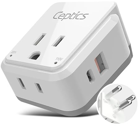 Ceptics Thailand Travel Adapter Set, 20W PD & QC, Type O - 3.1A - 4 in 1-2 USA Inputs, 1 USB Port, 1 USB-C Port - Compact, Powerful - Includes Type O Swadapt Attachments