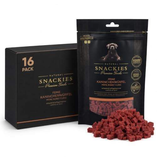 SNACKIES 16er-Pack (à 170g) Hundeleckerli Kaninchenwürfel Premium Snacks für Hunde ohne Zusatz von Getreide, Zucker, Farb-, Aroma- und Konservierungsstoffe, luftgetrocknete Leckerli