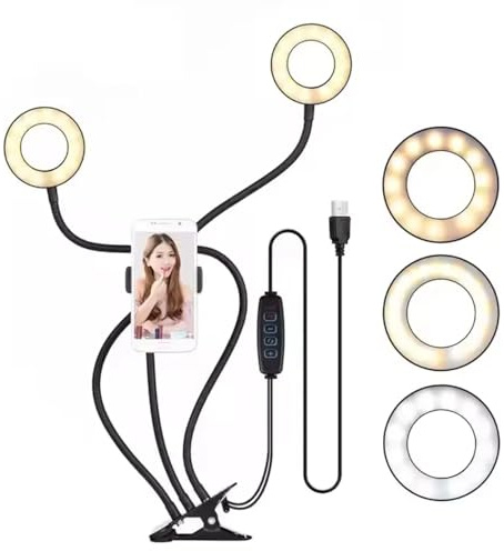 Double Selfie Ring Light with Clip On, Flexible Arms with a Cell Phone Holder Stand for Live Streams/Makeup