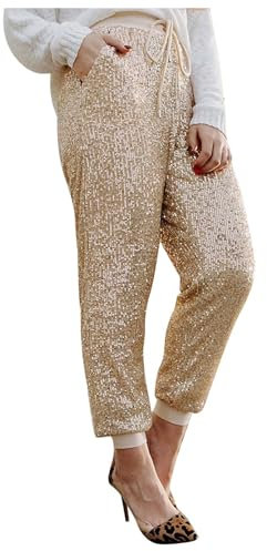 Hose Damen Glitzer ,Pailettenhose Damen 3/4,Palazzo Hosen Damen mit Pailetten Weite Hose High Waist Glänzende Glitzerhosen Haremshose mit Kordelzug Freizeithose Frauen Party Club Karneval Kostüm
