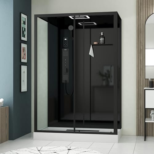 AURLANE Cabina de ducha Hidromasaje 140x85x218 cm - Puerta corredera - Fondos y perfiles Negro Mate