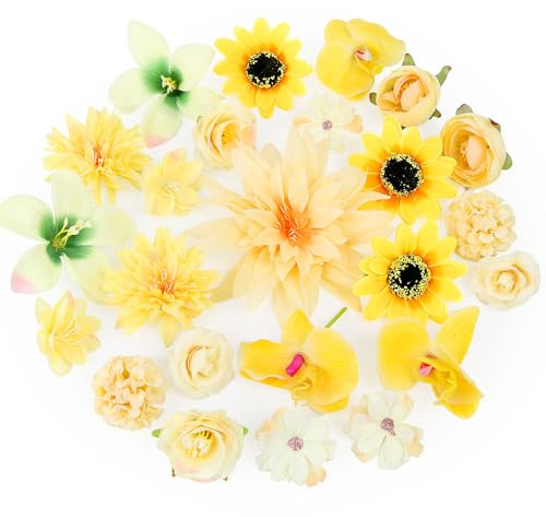 LARDUX 24 Stücke Kunstblumen zum Basteln Kunstblumen Köpfe,künstliche blumenköpfe klein Blüten Künstlich blütenköpfe Seidenblumen Köpfe Mix für DIY Basteln Hochzeit Party Home Handwerk Deko-Gelb
