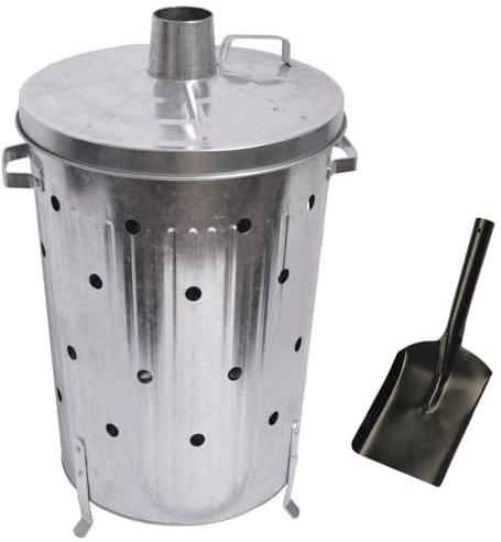Trendi 90 Litre Extra Large 90L Galvanised Metal Incinerator + Shovel Recycle Garden Rubbish Fire Wood Burner Burning Leaves Hot Ash Bucket Coal & Box Lid (90L Incinerator & Shovel)