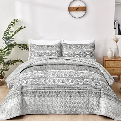 WONGS BEDDING Tagesdecke 220x240 Bettüberwurf Boho Decke Steppdecke 3 Teilig Doppelbett Gesteppt Bettdecke Mikrofaser Wohndecke mit 2 Kissenbezug 50x75 für Schlafzimmer als Sofaüberwurf (Grau)