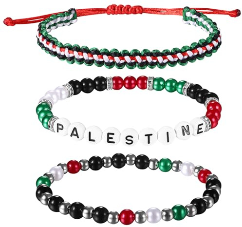 Cupimatch Palestine Flag Freedom Bracelet: Hand Woven Bracelets Palestine Alphabet National Pride Protection Luck Bracelet Bohemian Style Beaded Rope Men Women Bracelets Adjustable 3 Piece Set