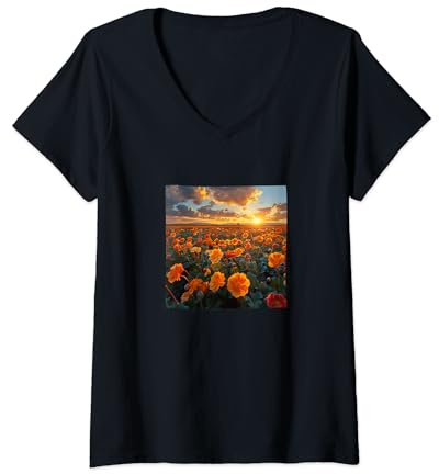 Donna Begonia Fiore Campo Bella Tramonto Grafica Maglietta con Collo a V