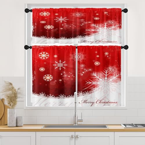 Britown Küchengardinen mit Weihnachtsschneeflocken, Fenstervorhänge und Volants, Set 91,4 cm, Rot / Weiß, Schnee, Winter, Weihnachten, kurze Etage, Vorhang für Küche, Frohe Weihnachten, kleine