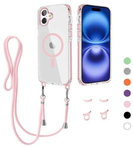 GoodcAcy Magnetica Cover per iPhone 16 con Cordino,Custodia Trasparente Hard PC Sottile TPU Bumper Antiurto Protettiva Case con Corda Collana Tracolla Laccio, Rosa