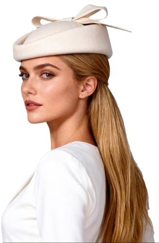Wollfilz Vintage Fascinator Winter Frauen Elegant Pillbox Hut Bowknot Derby Kirche Hut Retro Fedoras, Weiß (1), Medium