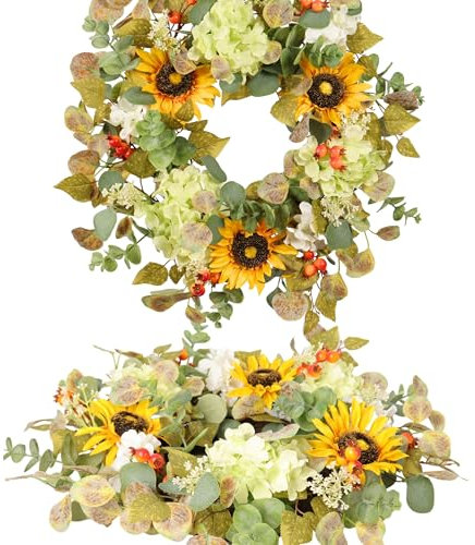 Pudate Corona de girasol de 20 pulgadas para puerta delantera, corona de hortensias de primavera con hojas de eucalipto, bayas naranjas, decoración de puerta de granja para Pascua, Día de la Madre,