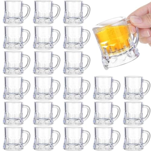 30 Pcs Mini Plastic Beer Mugs,1 oz Clear Plastic Beer Glasses,Reusable Beer Stein Tasting Glasses Whiskey Juice Cups,Shot Glasses with Handles,for Beer Fest,Birthday Weddings Party,BBQ and Picnics