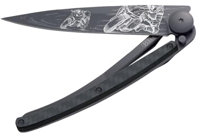deejo – Klappbares Taschenmesser 27 g mit Gürtelclip – Griff aus Karbonfaser, Klinge aus Edelstahl Z40C13 – Motiv Moto Racing – Tischmesser, Wandern, Camping, Biwak