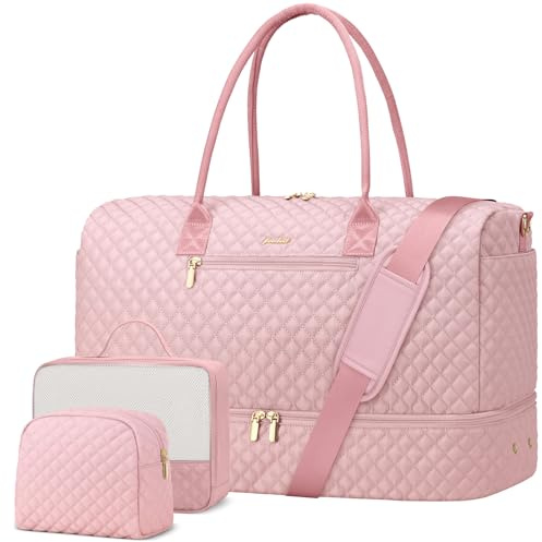 Sac de voyage pour femme - Sac de nuit avec compartiment à chaussures - Sac de toilette avec poche humide - Sac d'hôpital pour le travail et l'accouchement - Rose, Rose - Ensemble de 3 pièces, Sacs