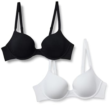 Amazon Essentials Women's Cotton Jersey Lined Wired Plunge Push-Up Bra, Pack of 2, Black/White, 32C