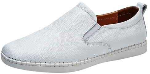 rismart Hombre Cuero Mocasín Informal Zapatos Ponerse Paseo Sneakers, Blanco, 42 EU