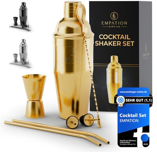 EMPATION Cocktail Shaker Gold, 7-teiliges Cocktail Set - 700 ml Cobbler Shaker aus Edelstahl, minimalistisches Cocktail Zubehör, Bar Set für Anfänger & Profis, Cocktailshaker Set als Präsent geeignet