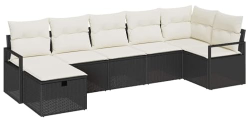 vidaXL Sofa Set mit Kissen 7 pcs Schwarz und Creme Poly-Rattan, Garten und Terrasse, Modulares Sofa-Set für draußen, robust, wetterfest, UV-beständig, mit Stauraum