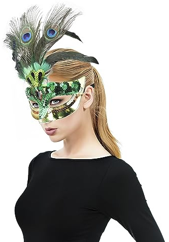 Máscara de plumas y lentejuelas para baile de máscaras para mujer, media máscara veneciana con plumas, media máscara de lentejuelas ópera de Halloweeen Cóctel cosplay carnaval, fiesta de disfraces