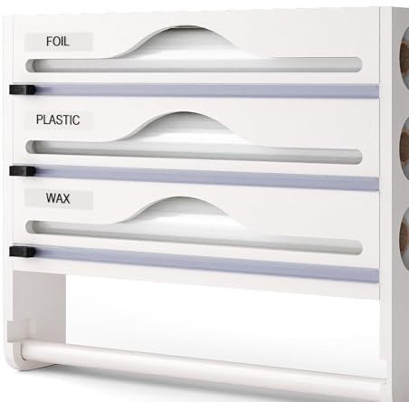3 in 1 Foil Dispenser and Cutter, Bamboo Film Organiser Storage, Compatible with 13.5 or Lower Roll, for Kitchen Cling Film Tin Foil Parchment Paper(White,4in1)
