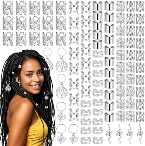 Ouligay 100 pezzi dreadlocks gioielli vichinghi per capelli in argento e metallo per trecce, accessori per capelli da pirata, gioielli regolabili, per capelli e donne