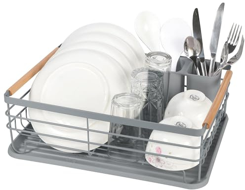 ATEK Dish Drying Rack, Rustproof Dish Washing Rack Dishes with Detachable Drip Tray Plate, Stainless Steel Kitchen Drainer Rack for Plate, Cutlery, Pots for Kitchen Countertop, Cabinet, Black