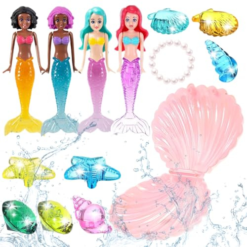 DOKRIN Juguetes para bucear,14 juguetes de buceo con gemas de concha de sirena y estrella de mar, regalos para fiestas infantiles