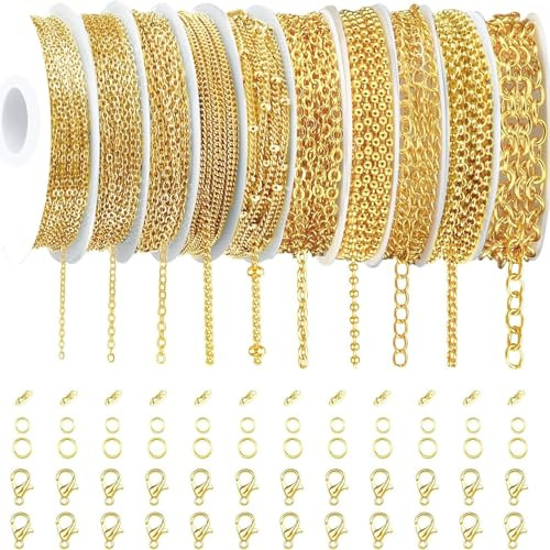 Yabound 24m 10 Rollen Gliederkette Gold, Schmuckketten zum Basteln， Schmuckherstellung Zubehör mit 30 Karabinerverschluss und 200 Sprung Ringe, Gliederkette Meterware für DIY Halsketten Armbänder