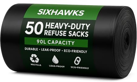 50 Pack Heavy-Duty Refuse Sacks - Durable & Reliable Waste Management Solution Recyclable,Leak Resistant Seal, Eco-Friendly Rubbish Bag Perfect for Household,Office,or Outdoor Use 90L
