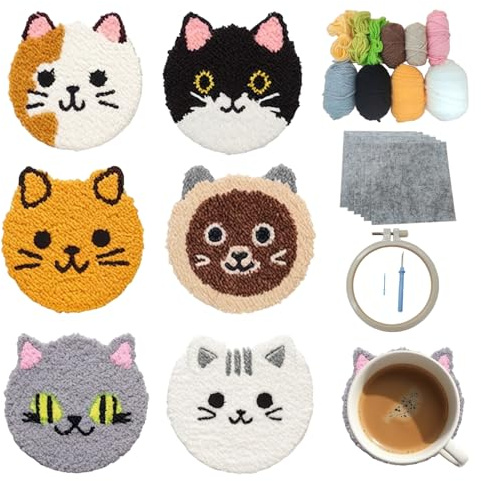 cukol cukol 6 Piezas Punch Needle Portavaso Kit para Principiantes Adultos Niños Completo, Guía Paso a Paso para Hacer Posavasos Originales Manualidades Regalo con Temática de Gato Animal