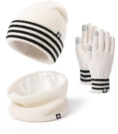 Baynetin 3-in-1 Winter-Set Beanie Hut Schal Handschuhe| Thermostrickmütze mit Umschlagkante + Fleece-Schal & Touchscreen-Handschuhe | Dehnbares Winddichtes Set für Kälte