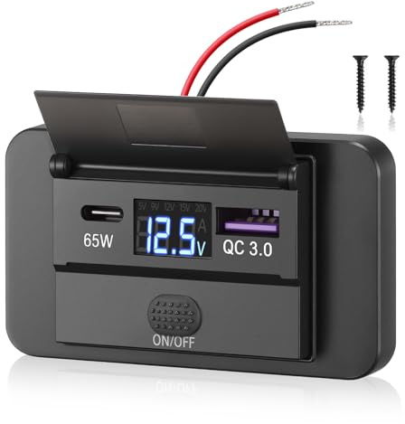 Thlevel 12V USB C Steckdose Ladebuchse Auto Ladegerät Handy Schnellladung | 65W PD3.0 und 18W QC3.0 Wasserdicht mit Digital Voltmeter und Schalter für 12V-24V KFZ Boot Wohnmobil