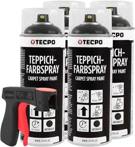 TECPO Spray de pintura para alfombras, 4 x 400 ml, pintura textil, antracita, con pistola pulverizadora para coche, alfombrillas de coche, alfombrillas de techo, tela, goma, plástico, tratamiento