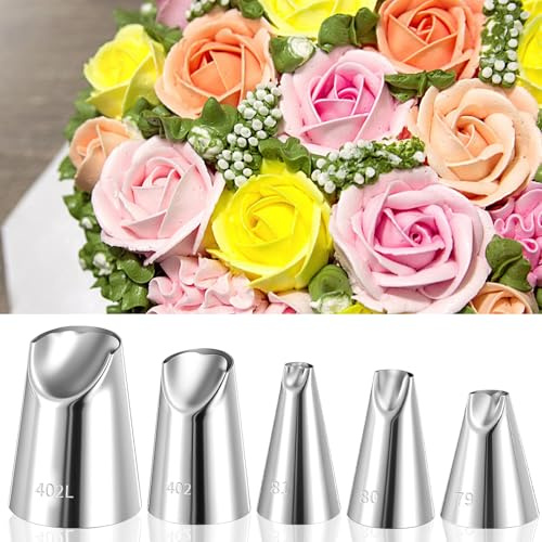 Andibro 5-teiliges Blumen-Spritztüllen-Set, Chrysanthemen-Tüllen, Creme-Zuckerguss-Spritztüllen für Fondant, Tortendekoration, Rosenblüten-Glasur-Spitzen für Cupcakes und Tulpengebäck