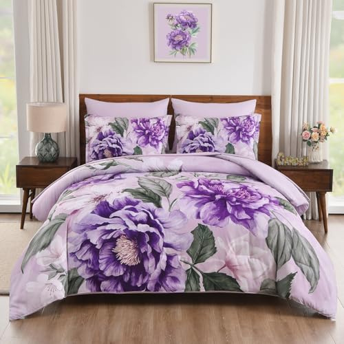 Yiran Floral Comforter Set King Size 7 Pieces Bed in a Bag, Purple Flower Bed Set, Soft Lightweight Comforter with Sheet Set 104x90