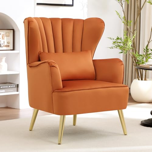 YUUIJOAA Modern Accent Chair Comfy Wingback Armchair with Pillow Upholstered Shell Chair Reading Chair for Bedroom, Living Room, Dressing Room,Small Spaces Orange