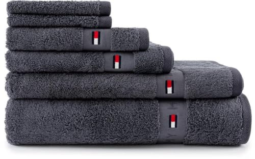 Tommy Hilfiger - Asciugamano da doccia, grigio, spugna boucle, 520 g/m², 100% cotone pettinato, passamaneria jacquard e ricami, morbido e assorbente, 70x140 cm