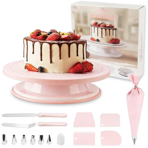 1 Plato Giratorio para Tartas, Plato Giratorio Decoración Pasteles, decoración pastel kit, accesorios para tartas, con 2 espátulas 6, 4 raspadores, 8 mangas pasteleras con boquillas (rosa)