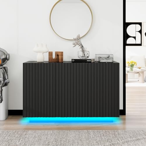LFGUIZO 47 Fluted Buffet Cabinet with LED Lights & Fast Charging Station, Modern Storage Credenza with 3 Doors & Adjustable Shelves, Wood Coffee Bar for Living Room, Kitchen, Entryway, Black, 1 PCS