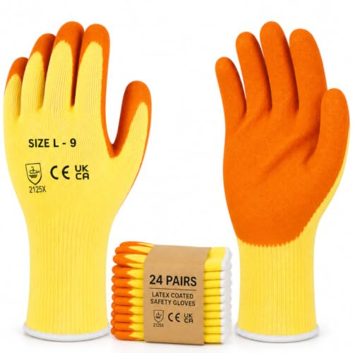 Ruiyang 24 Pairs Men’s Orange Latex-Coated Safety Gloves (Large) – Grip Work Gloves for Building, Gardening, Maintenance & General Handling (L- 24 Pairs Gloves)