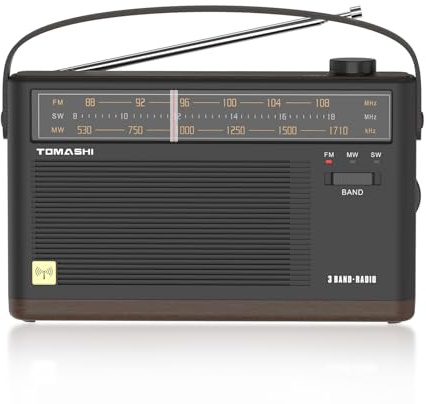 TOMASHI Retro 3-Band Radio, Portable AM/FM/SW Radio with LED Indicator, DSP Audio, Black with Wood Trim, Built-in 1200mAh Battery, Type-C Charging