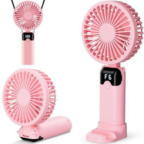Handheld Fan, USB Rechargeable Portable Mini Hand Held Fan with 6 Speeds 4000mAh Battery Operated, Foldable Desk Small Fans with LED Display for Home Office Travel Outdoor Use, Summer Gift (Pink)
