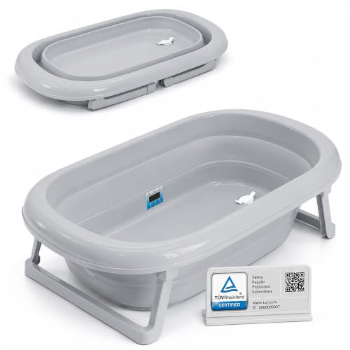 Babykajo Babybadewanne faltbar TÜV Rheinland geprüft, mit Abflussstopfen & Thermometer-Sticker, BPA-frei, rutschfeste Füße, 81x48x23 cm, Babywanne faltbar für Neugeborene bis 16 Monate