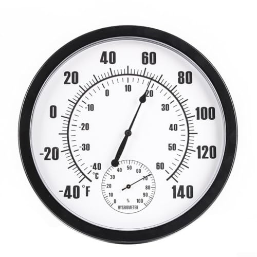 Large Analog Thermometer with Hygrometer for Indoor Outdoor Use, Wall Mounted Humidity Gauge, Dual Fahrenheit for CELSIUS Scale, White Face Black Numbers for(Black)