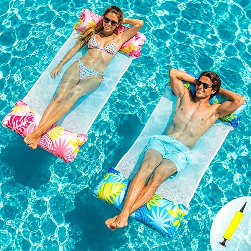 Pool Hammock Floats - 2 Pack Multi-Purpose Inflatable Pool Floats PVC Water Hammock Lounge Chair Air Floaties w/Manual Pump