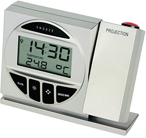 TFA Dostmann Funk Projektionswecker, 98.1009, mit Temperatur, Projektion an Wand/Decker, Datum, Wochentag, Innentemperatur, silber