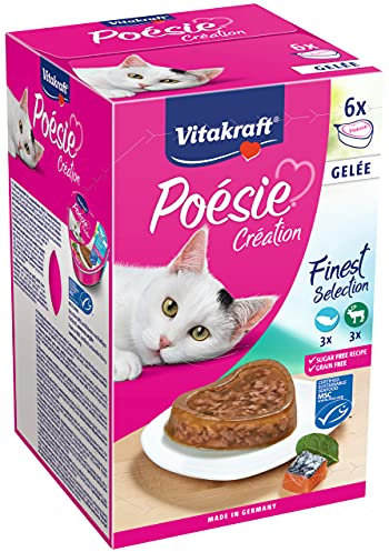Vitakraft Poésie Création, Finest Selection, Nassfutter Katze, Katzennassfutter Gelee, mit Lachs und Spinat, mit Wild in Cranberry Gelee, ohne Zusatz von Zucker und Getreide (1 Paket mit 6x 85g)
