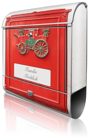 banjado Design Briefkasten personalisiert 38,5x46,5x13cm & 2 Schlüssel - Briefkasten Stahl Silber Zeitungsfach pulverbeschichtet - Postkasten A4 Einwurf inkl. Montagematerial - Motiv Postkasten Nostal