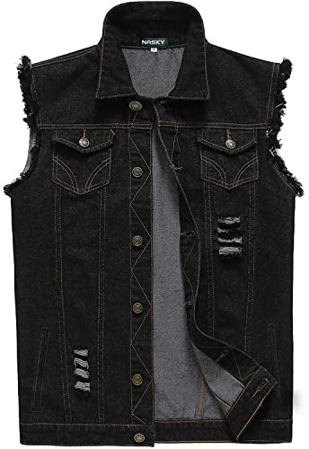 NASKY Men's Fit Retro Ripped Denim Vest Sleeveless Jean Vest and Jacket (X-Large, Black)