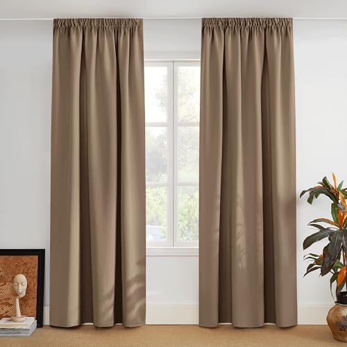 PONY DANCE Vorhang Blickdicht Kräuselband Gardinen Wohnzimmer 2er Set | H 220 x B 140 cm, Cappuccino, für Schienensystem, Thermovorhang Hitzeschutz, Blackout Curtains, Verdunkelungsvorhang